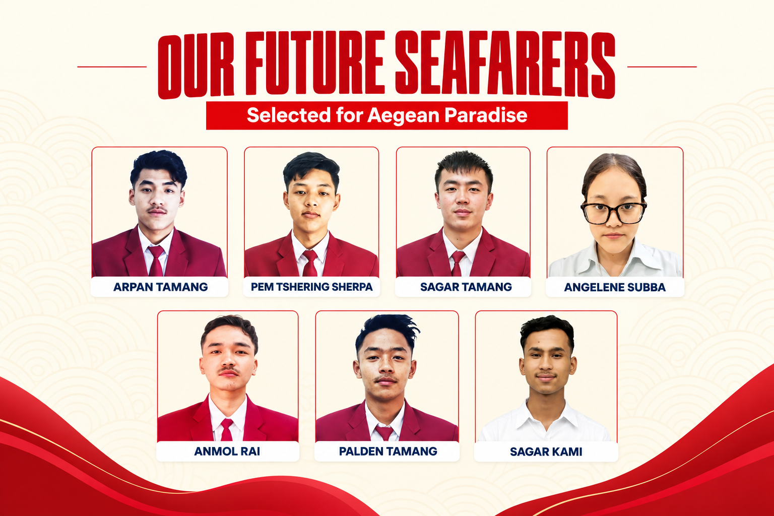 The Accelerator future seafarers selected for Aegean Paradise: Arpan Tamang, Pem Tshering Sherpa, Sagar Tamang, Angelene Subba, Anmol Rai, Palden Tamang and Sagar Kami